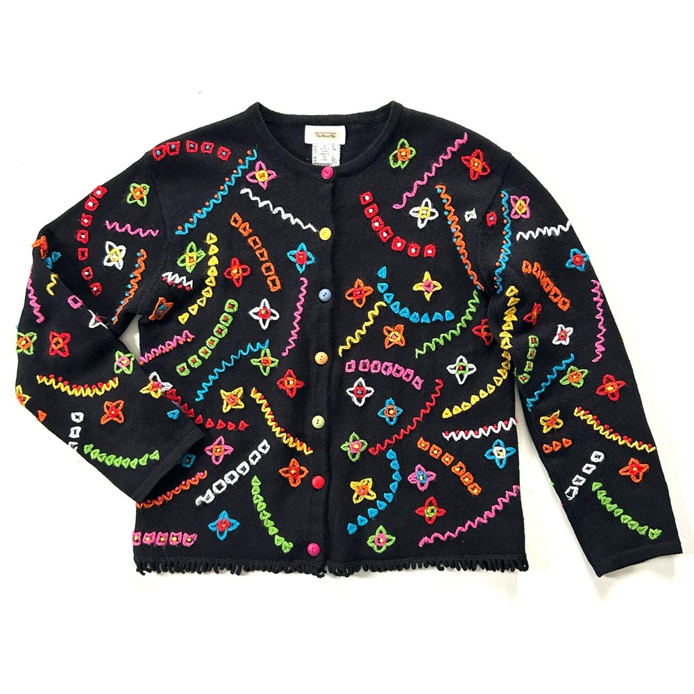 Talbots Vintage 90s Black Ramie Cotton Knit Multi Embroidered Cardigan Sweater